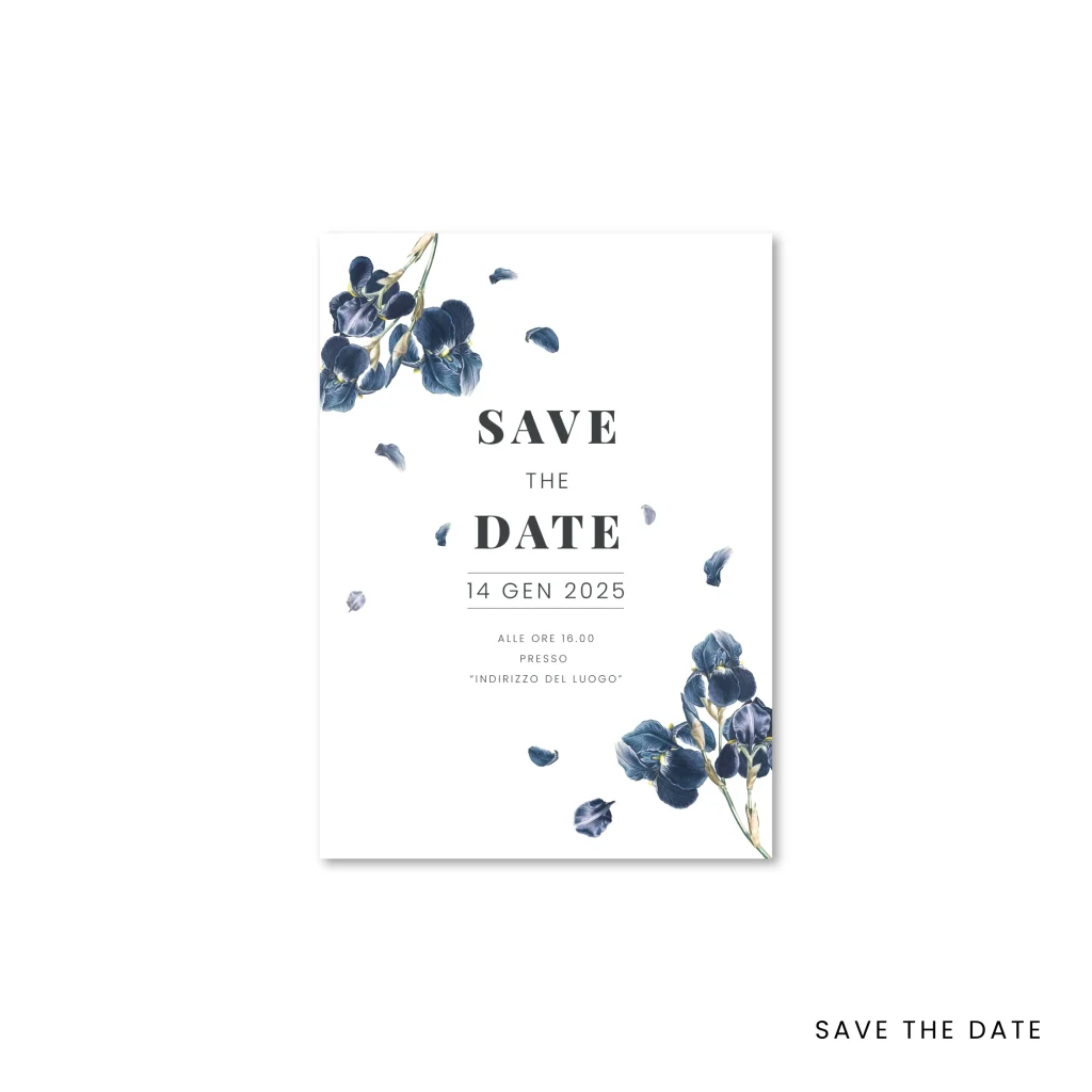 grafica wedding - save the date per matrimonio a tema iris blu