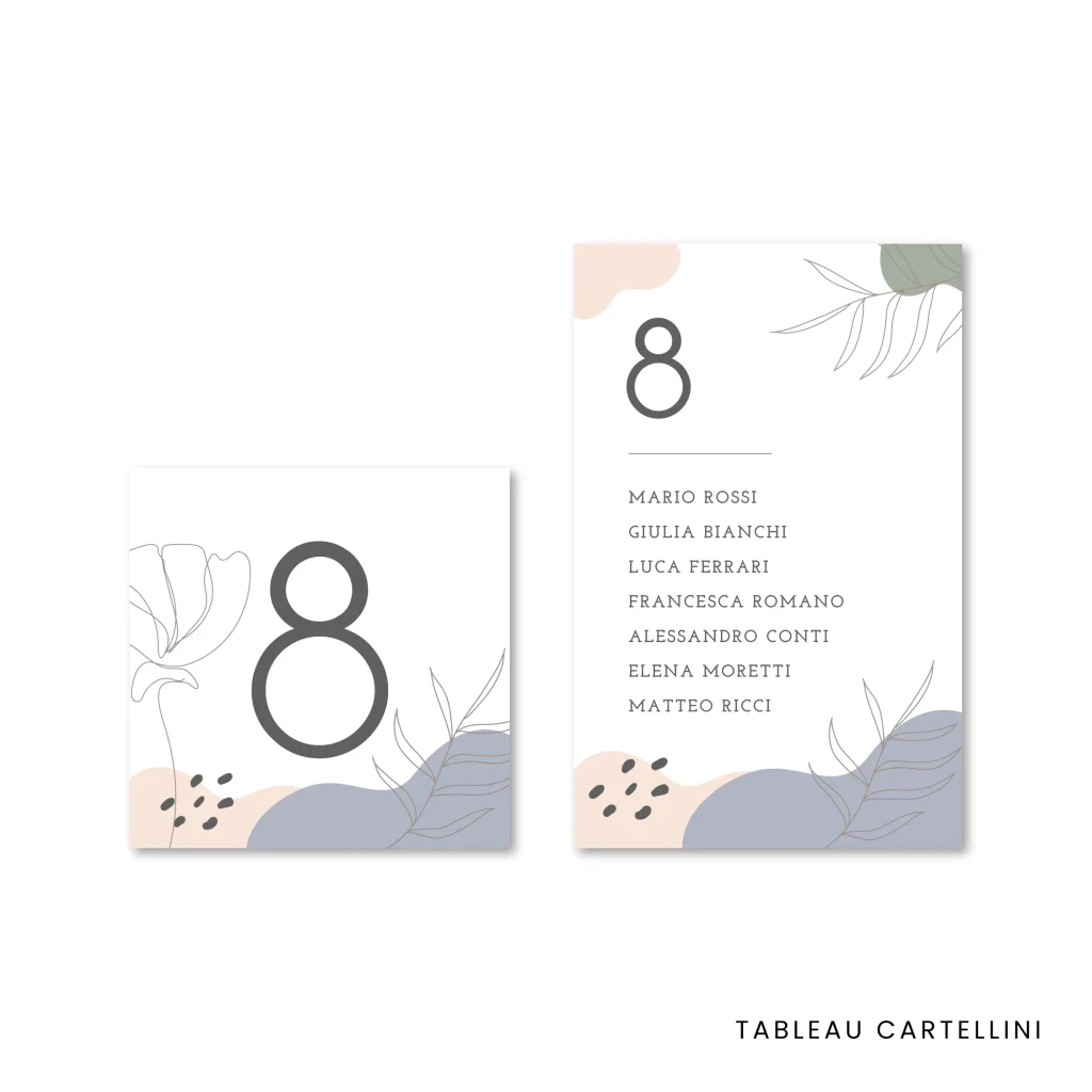 grafica wedding - tableau de mariage e segnatavolo per matrimonio a tema astratto color pastello