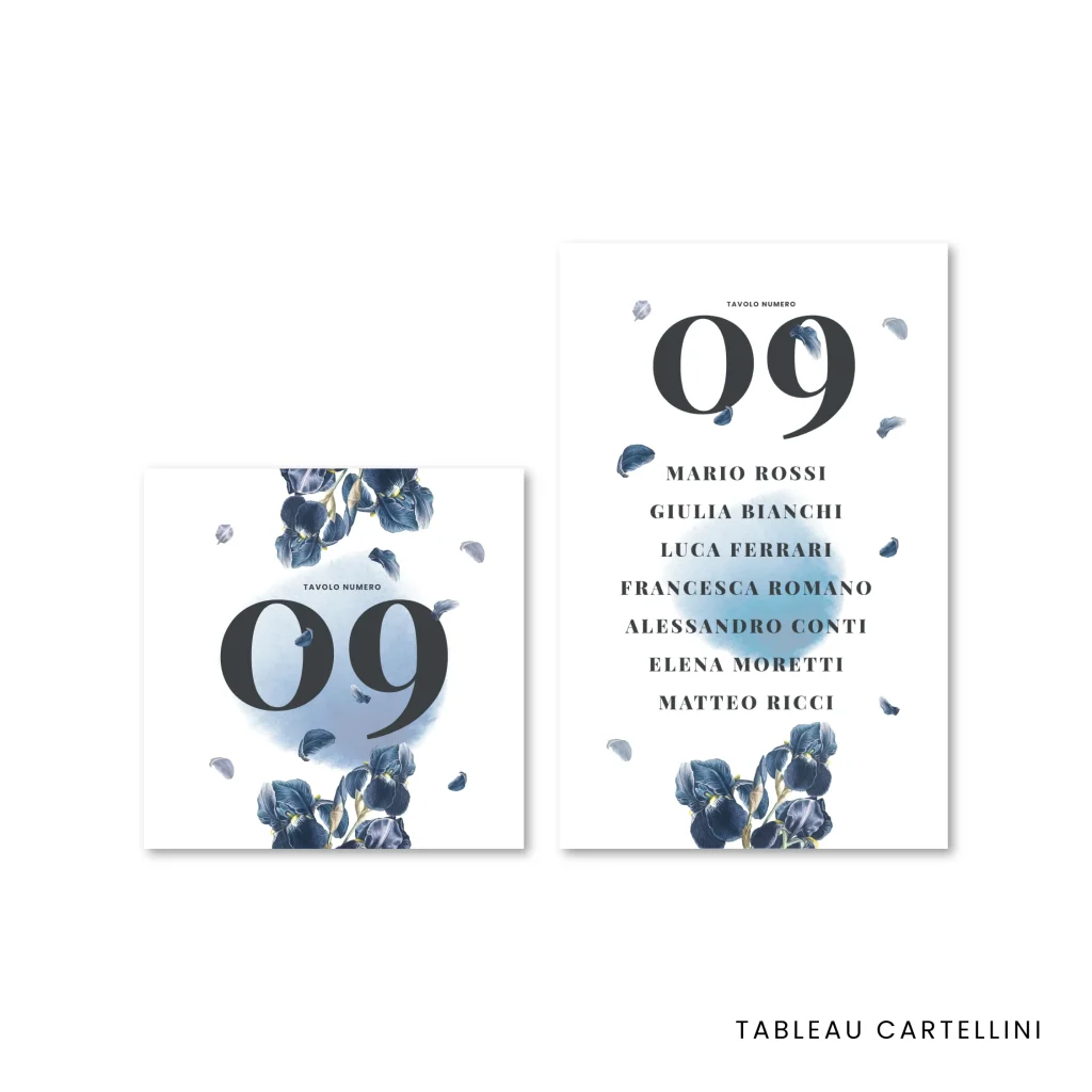 grafica wedding - tableau de mariage e segnatavolo per matrimonio a tema iris blu