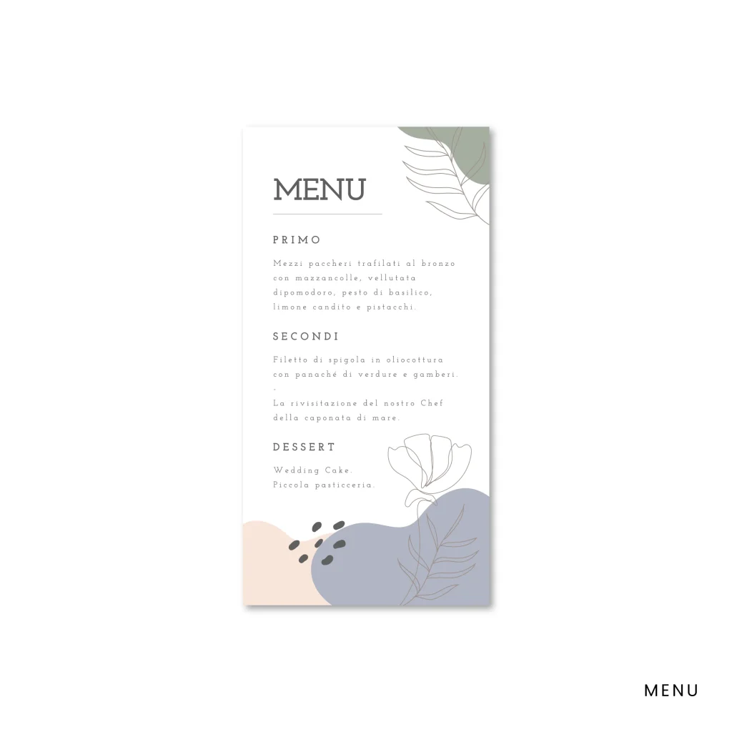 grafica wedding -menu matrimonio a tema astratto color pastello