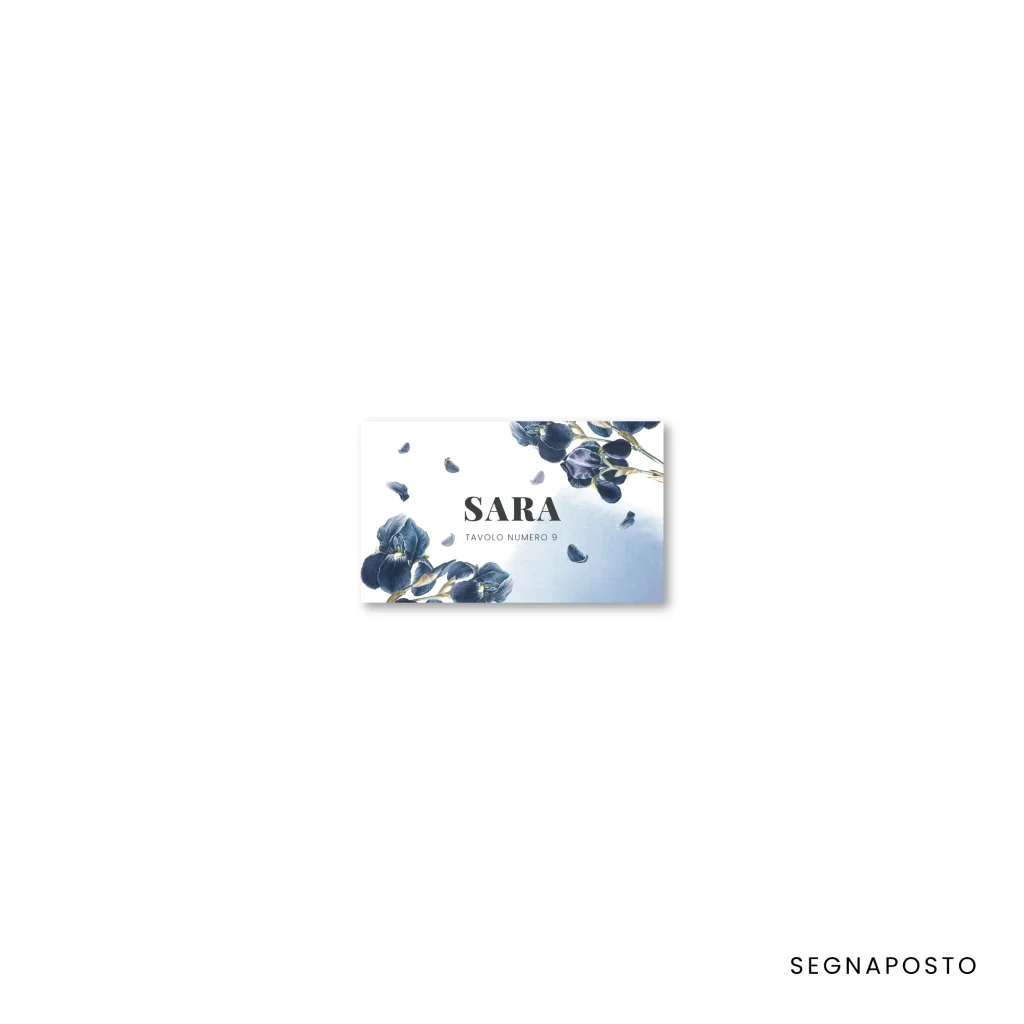 grafica wedding - segnaposto con nome per matrimonio a tema iris blu