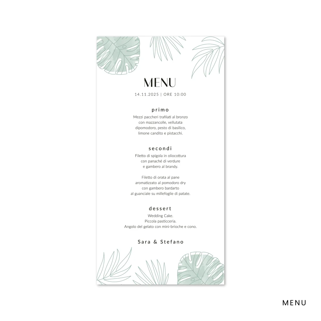 grafica wedding - menu per matrimonio a tema tropici