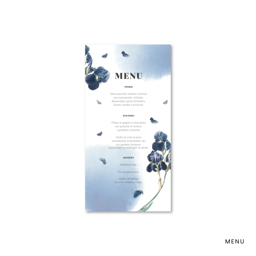 grafica wedding - menu per matrimonio a tema iris blu