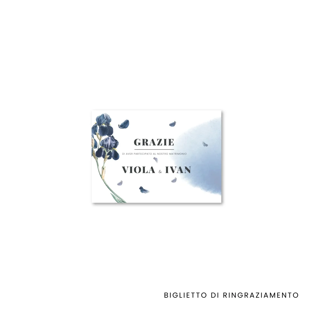 grafica wedding - biglietto di ringraziamento per matrimonio a tema iris blu