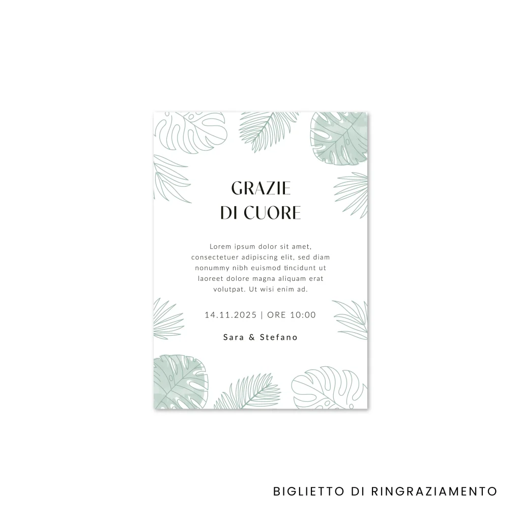 grafica wedding - biglietto di ringraziamento per matrimonio a tema tropici