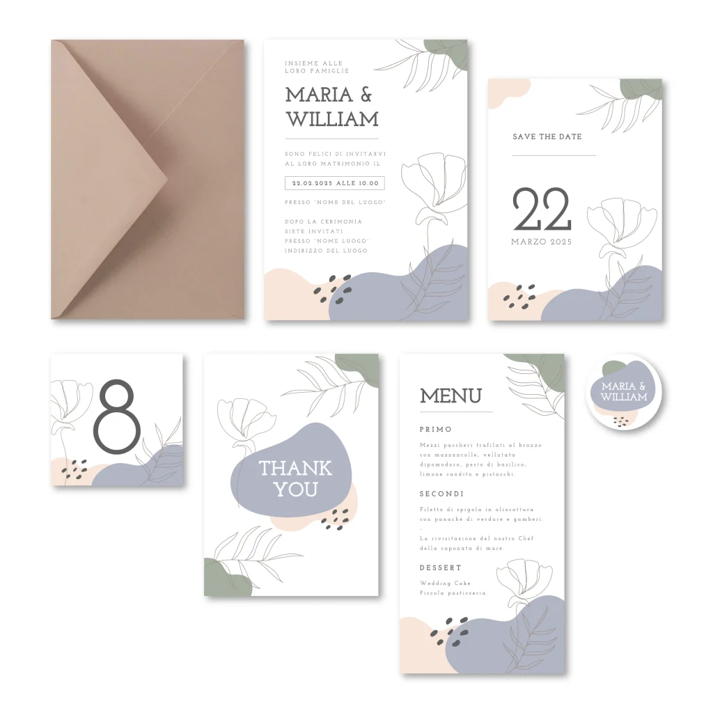grafica wedding - coordinato per matrimonio a tema astratto color pastello