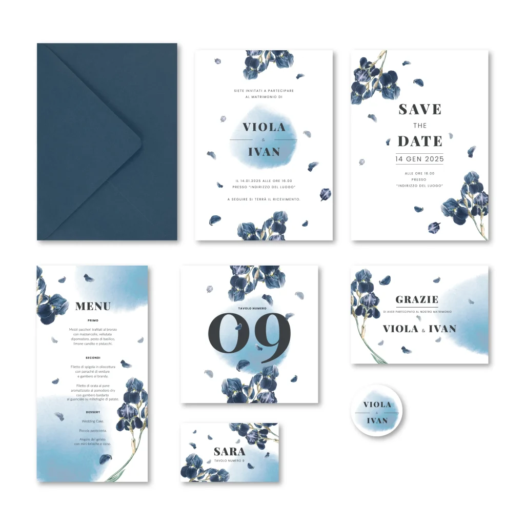 grafica wedding - coordinato per matrimonio a tema iris blu