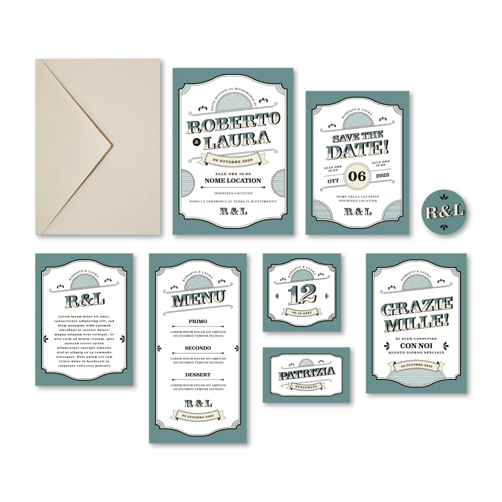 grafica wedding - coordinato grafico per matrimonio a tema vintage