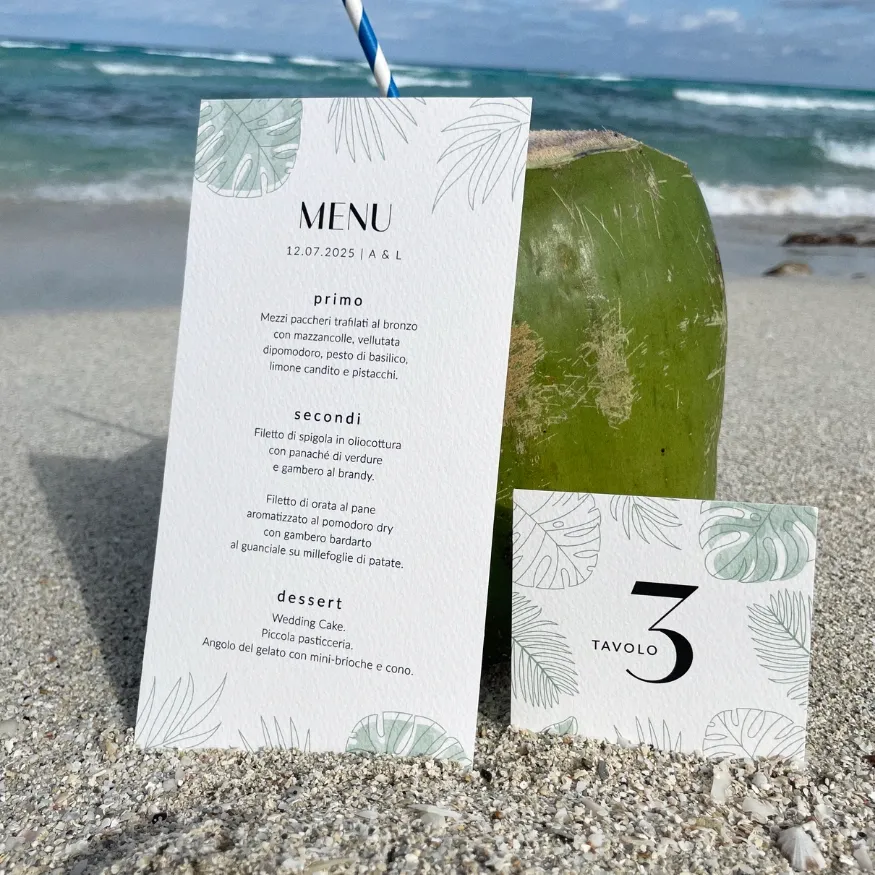 grafica wedding - menu per matrimonio a tema tropici
