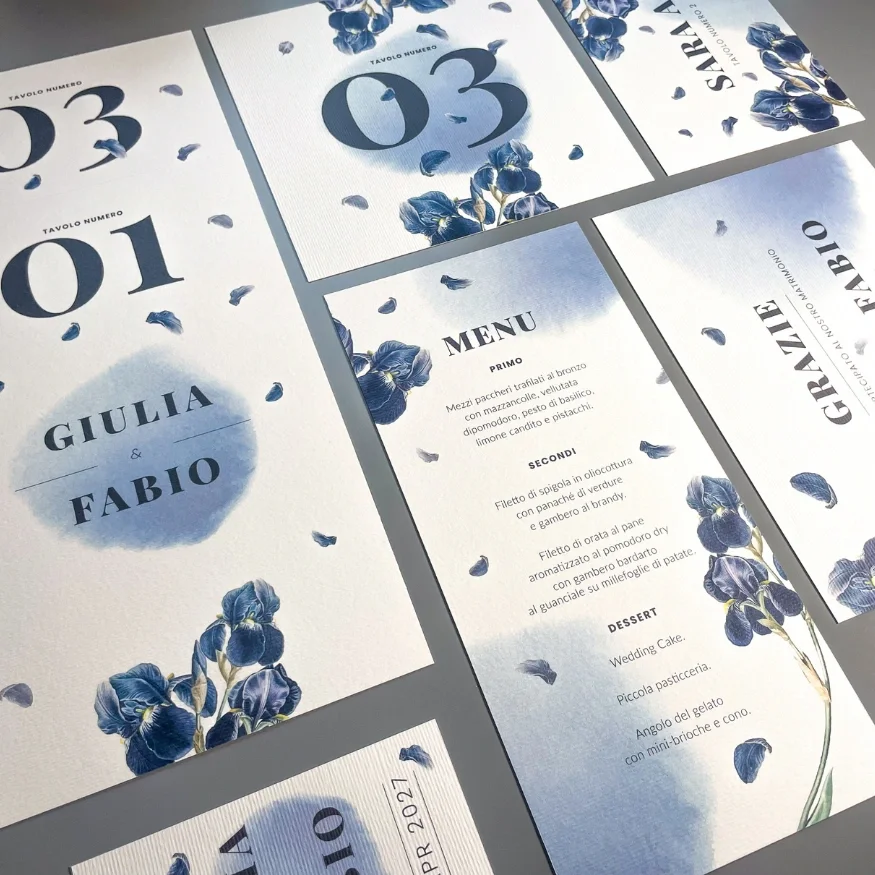 grafica wedding - coordinato per matrimonio a tema iris blu