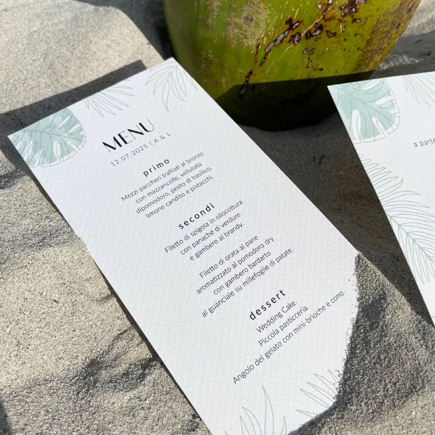 grafica wedding - menu per matrimonio a tema tropici