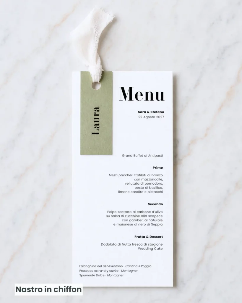 Menu matrimonio e segnaposto con nastro in chiffon - grafica wedding