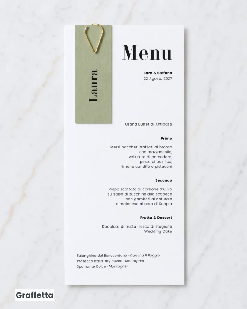 Menu matrimonio e segnaposto con graffetta - grafica wedding