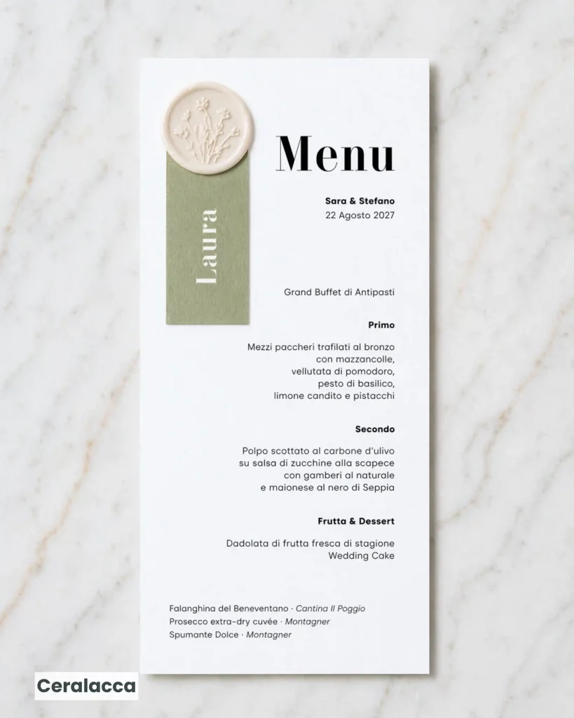 Menu matrimonio e segnaposto con ceralacca - grafica wedding