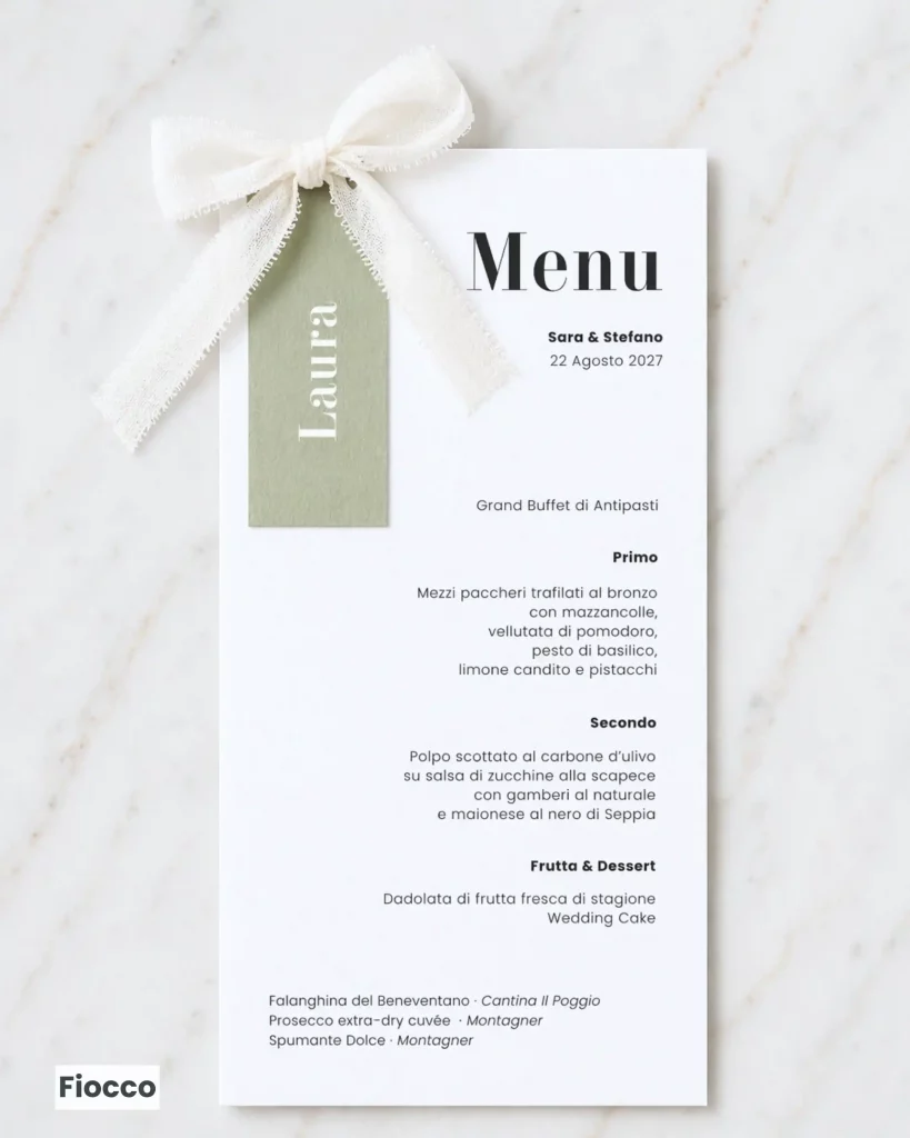 Menu matrimonio e segnaposto con fiocco - grafica wedding