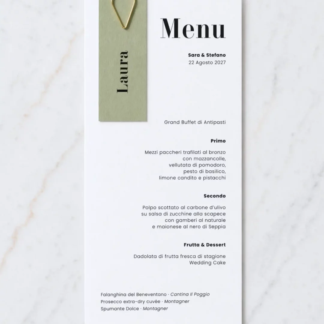 Menu matrimonio e segnaposto con graffetta - grafica wedding